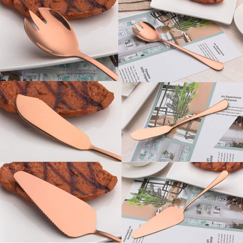 Berglander Stainless Steel Rose Gold Serving Flatware Set, Copper Serving Flatware Set, Cake Server, Fish Knife, Fish Fork, Serving Spoon, Serving Fork, Salad Spoon, Salad Fork, Butter Knife, Icecream
