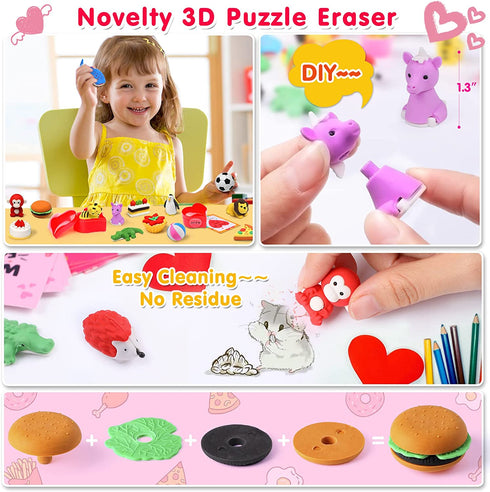 28 Pcs Kids Valentines Gifts Valentines Cards for Kids Classroom Exchange Valentine Party Favors for Kids Cute 3D Animal Eraser Filled Hearts Valentine Day Gifts for Kids with Kids Valentine Cards
