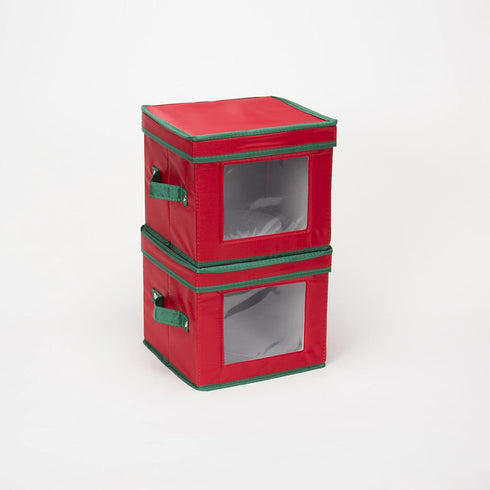 Household Essentials 534RED Holiday China Dinnerware Storage for Salad Plates or Bowls | Removable Lid | Red Canvas with Green Trim