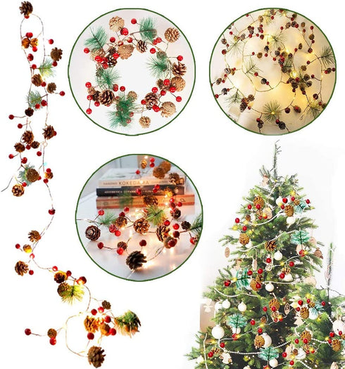Christmas Lights, Garland with Lights, Fairy LED Lights, Decoration Pinecone Berries Indoor and Outdoor, Winter Holiday New Year Decor. Battery Powered (2M 20 Lights) (Pine Cone)