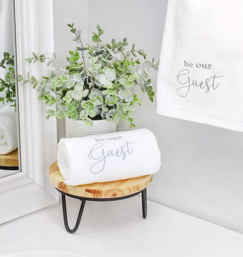 AuldHome Design Guest Towels (Set of 2); Be Our Guest Monogrammed Hand Towels, White with Gray Script