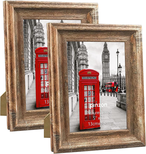 Amazon Brand Pinzon 2 Pack Picture Frames 5x7, Rustic Distressed Photo Frame for Wall Hanging or Tabletop Display, Brown (Set of 2)
