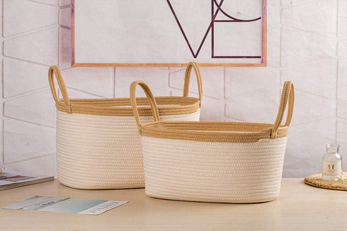 Rope Basket with Long Handles, Woven Basket, Baby Kids Room Toy Storage, Portable Hampers, Towel Storage Basket Woven Rope Basket, Nursery Hampers, Dog Toy Basket, (M Square 24 cm 28 cm 42 cm)