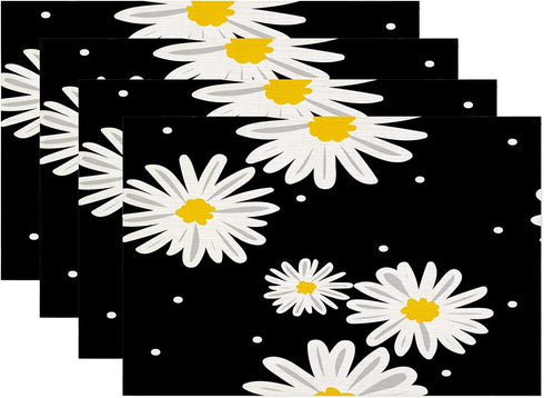 Batmerry White Black Placemats, Repeat Daisy On Black and White Texture Background Woven Burlap Modern Placemats for Dining Table Kitchen Table Round Table Farmhouse Wedding Outdoor Indoor Set of 4