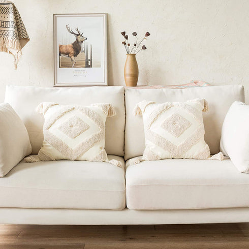 Woven Tufted Boho Throw Pillow Cover Set of 2, Modern Decorative Geometric Diamond Chevron Cushion with Tassels, Farmhouse Tribal Pillowcase for Couch Sofa Bedroom Living Room, 18 x 18 Inches, Ivory