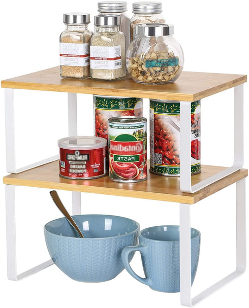 NEX Bamboo Kitchen Cabinet and Counter Shelf Organizer, Stackable & Expandable, White and Natural
