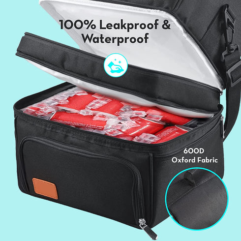 Insulated Lunch Box for Work, 22L/744 oz Reusable Waterproof Cooler Tote Bag for Meal with 3 Compartments, Lunch Bag for Man,Woman,XLarge Lunch Bag for Travel Beach Picnic Camping BBQ Party, Black