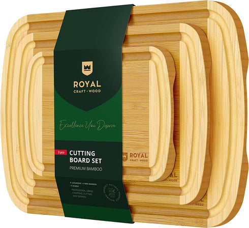 Bamboo Cutting Boards for Kitchen - Wooden Cutting Board Set, Chopping Board Set - Wood Cutting Board Set - Bamboo Cutting Board with Juice Groove | Large Serving Tray Holder ( Set of 3)