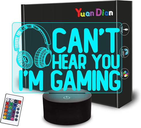 Can't Hear You I'm Gaming Night Light, Headset Graphic Video Games Gamer Gift Funny 3D Illusion Lamp 16 Colors Changing Touch & Remote Control for Men Gamers Teenagers and Kids
