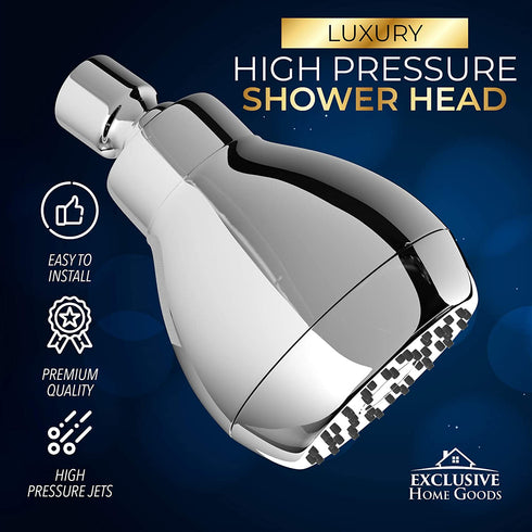 High Pressure Shower Head - Chrome - Powerful Deluxe Bathroom Showerhead with Strong Spray Stream and Small Silicone Nozzles - Universal Fit Works with High and Low Water Flow Showers