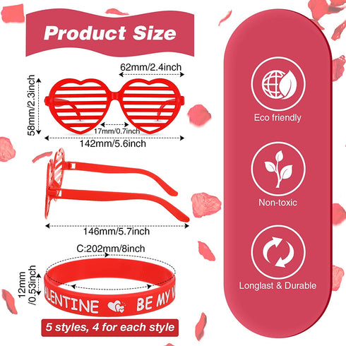 40 Pcs Valentines Day Party Favors 20 Pcs Valentines Heart Shutter Glasses 20 Pcs Valentines Silicone Wristband Rubber Bracelets for Valentine's Day Party Supplies Birthday Party Costume Accessory