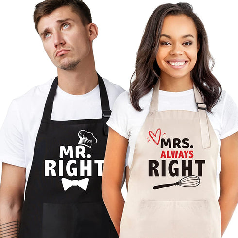 Sweet Couples Aprons,Bridal Shower Gift for His and Hers,Wedding Gifts for Couples,Mr. Right and Mrs. Always Right Aprons,Gifts for Christmas Valentine's Day Engagement Anniversary - 1 Black,1 Beige