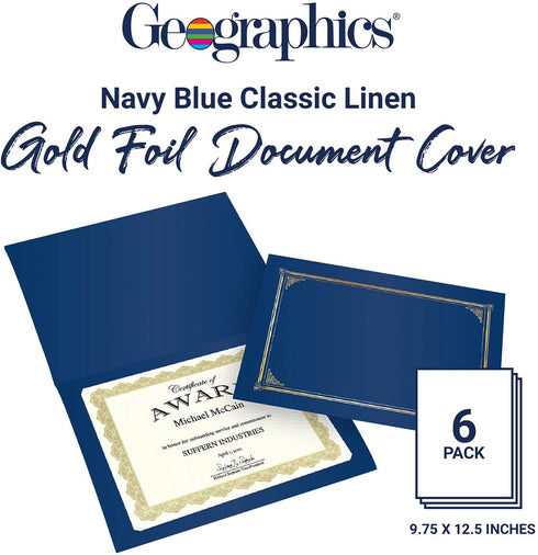 Geographics Classic Linen Certificate/Document Covers, 12.5? x 9.75?, Navy Blue (6 Pack)