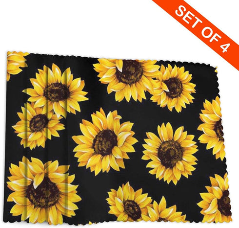 Gocerktr Black Sunflower Placemats for Dining Table Set of 4 Washable Fabric, Heat Resistant Wipeable Home Table Mats Wrinkle Resistant, Standard Size(12 X 18 Inch)