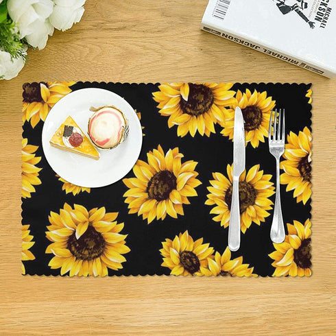 Gocerktr Black Sunflower Placemats for Dining Table Set of 4 Washable Fabric, Heat Resistant Wipeable Home Table Mats Wrinkle Resistant, Standard Size(12 X 18 Inch)