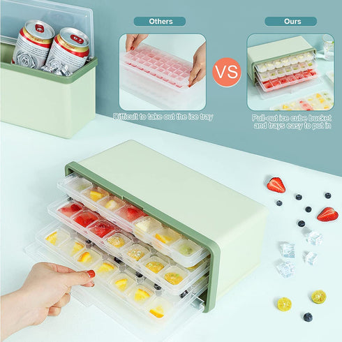 LOBKIN Ice Cube Trays with Lid and Bin, 3 Pack Plastic Ice Cube Tray Molds, Easy-Release 63 Mini Nugget Ice Cube Maker for Freezer, Ice Cube Bucket with Locking Lid and Scoop - BPA Free