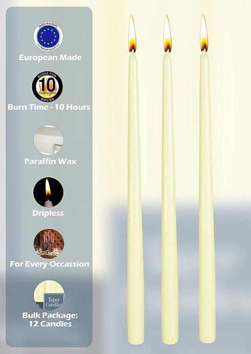 12 Pack Tall Taper Candles - 12 Inch Ivory Dripless, Unscented Dinner Candle - Paraffin Wax with Cotton Wicks - 10 Hour Burn Time