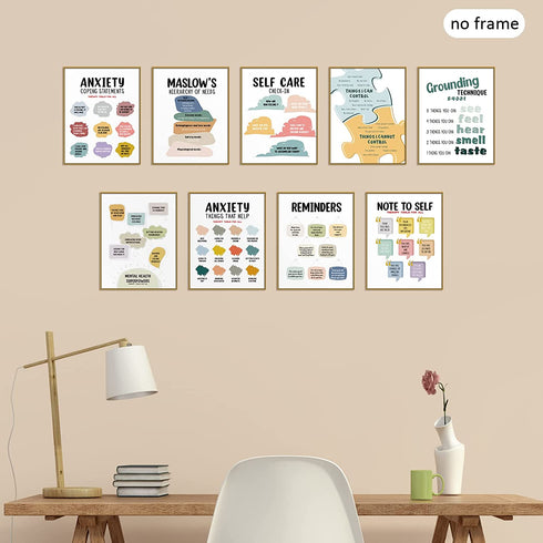 Mental Health Posters Anxiety Therapy Motivational Poster Psychologist Counselor Inspirational Posters Positive Quotes Wall Decor Classroom for Home Office, 8 x 10 Inch (Retro Style,9 Pieces)