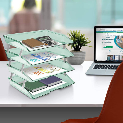 Acrimet Facility 4 Tier Letter Tray Side Load Plastic Desktop File Organizer (Clear Green Color)