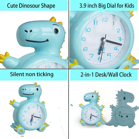 Kids Alarm Clocks, Analog Dinosaur Wall Clock for Kids Room Decor, Desk Clock Non Ticking Dinosaurs Decals for Bedroom Decoration,Blue