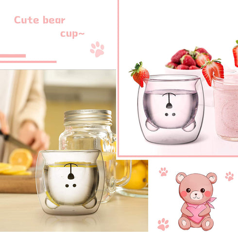 2 Pieces Cute Bear Mugs Insulated Double Wall Glass Bear Cups Animal Tea Milk Juice Chocolate Cappuccino Cups Home Glass Bear Cups Glass Mugs for Valentine's Day to lover (White, Pink)