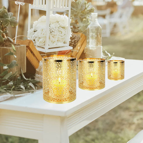 Metal Candle Holders Set of 3 Gold Pillar Candle Holder Tea Light Hurricane Votive Candle Holders for Wedding Decor, Home Decor, Birthday Decor, Party Decor, Window sash Pattern