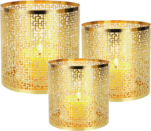 Metal Candle Holders Set of 3 Gold Pillar Candle Holder Tea Light Hurricane Votive Candle Holders for Wedding Decor, Home Decor, Birthday Decor, Party Decor, Window sash Pattern