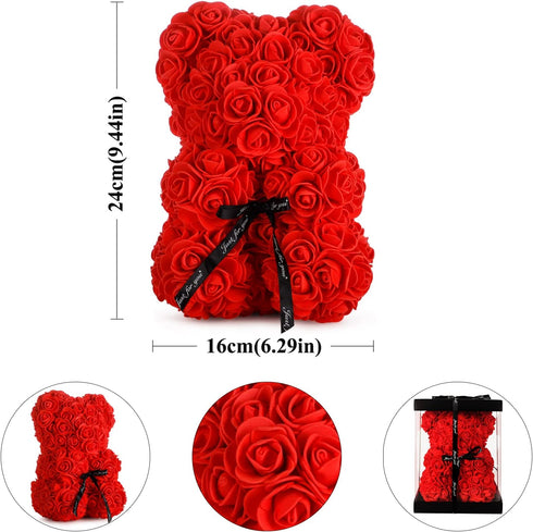 Rose Teddy Bear- Mothers Day Bear Gifts- Rose Bear Artificial Handmade, Gift for mom Rose Flower, Mothers Day Rose Gifts, Valentine's Day Gifts for Girlfriend- 10 inch Clear Gift Box
