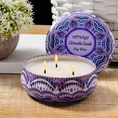 Citronella Outdoor and Indoor Candles, Large Travel Tin Vegan Wax Essential Oils Multiple Wick Candles for Summer, Pack 3