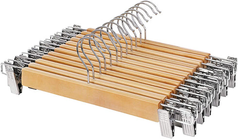 SONGMICS Wooden Pants Hangers 12 Pack, Pants Hangers with Clips, Adjustable Anti-Rust Metal Clips, 360° Swivel Hook, Skirt Hangers for Pant, Skirts, Slacks, Natural Grain UCRW008-12