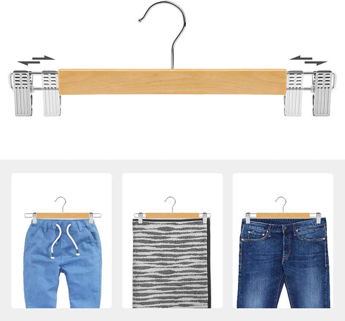 SONGMICS Wooden Pants Hangers 12 Pack, Pants Hangers with Clips, Adjustable Anti-Rust Metal Clips, 360° Swivel Hook, Skirt Hangers for Pant, Skirts, Slacks, Natural Grain UCRW008-12