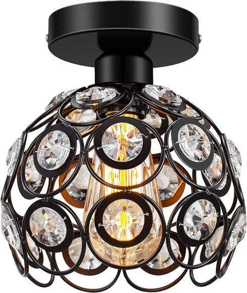 Semi Flush Mount Ceiling Light Fixture, Antique Black Metal Crystal Ceiling Lamp, Indoor Close to Ceiling Lighting Fixture for Bedroom Bathroom Foyer Hallway 1 Pack