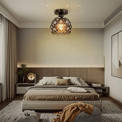 Semi Flush Mount Ceiling Light Fixture, Antique Black Metal Crystal Ceiling Lamp, Indoor Close to Ceiling Lighting Fixture for Bedroom Bathroom Foyer Hallway 1 Pack