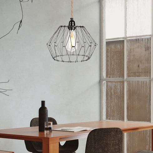 Farmhouse Black Plug in Metal Pendant Light - Industrial 15 Ft Hanging Lamp Kit Hemp Rope Light Cord Metal Cage Deformable Lampshade Lighting Fixtures with for Living Room Bedroom Loft DIY Decor
