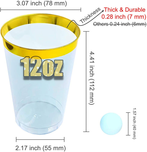 KOPHADOT 12oz Double Gold Rim Plastic Cups 50 packs with 2 Party Pong Balls, Disposable and Reusable Elegant GoldCup Clear Party Drinking Cups for Weddings, Bachelorette Parties, Christmas