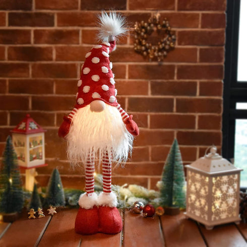 2021 Christmas Long Legs Gnome Decorations with Lights and Music , Handmade Xmas Standing Doll Ornaments, Scandinavian Santa Winter Party Decor, Holiday Figurine Gifts, 24 inch, Red