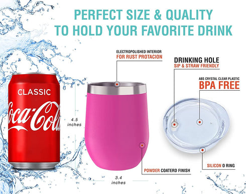 CHILLOUT LIFE Stainless Steel Wine Tumblers 2 Pack 12 oz - Double Wall Vacuum Insulated Wine Cups with Lids and Straws Set for Coffee, Wine, Cocktails - Hot Pink