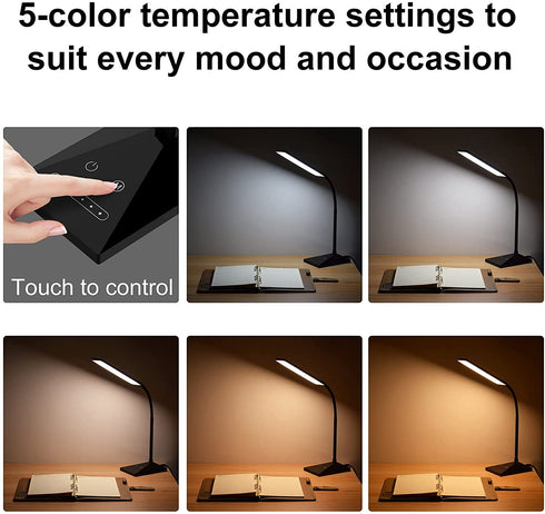LED Desk Lamp, RAOYI 12W Dimmable Table Lamp Eye-Caring Reading Light with USB Charging Port, Touch Control, 5 Lighting Modes and 7-Level Brightness for Home Office Bedrooms (Black)