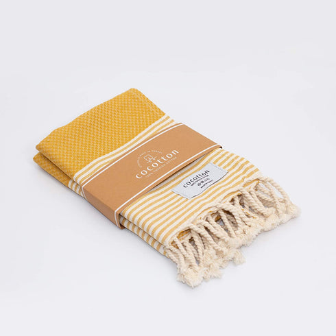 COCOTTON Boho Striped Turkish Hand Towels Set of 2 | 100% Cotton, 16 x 40 Inches | Decorative Bathroom Hair Face Gym Yoga Dishcloth Tea Kitchen Light Weight Quick Dry Farmhouse Towel (Mustard)