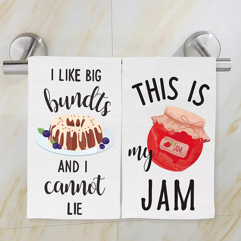 Funny Kitchen Towels, Absorbent Dish Towels with Sayings Set of 4, Waffle Kitchen Hand Towels Kit, Decorative Tea Towels, Fun Hostess Kitchen Decor, Novelty Gift for Housewarming Wedding Birthday