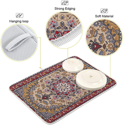 ElliTarr Brown Retro Boho Dish Drying Mat for Kitchen Counter, Microfiber Absorbent Dish Draining Mat, Large Kitchen Drying Mat Heat Resistant Drying Pad for Counter 18x24