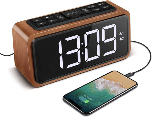 Radio Alarm Clock, Large LED Display Wood Digital FM Alarm Clock, Adjustable Brightness Dimmer and Snooze, Simple LED Clock with Dual Alarm, 12/24 Hour, Powered by AC Adapter (White LED)