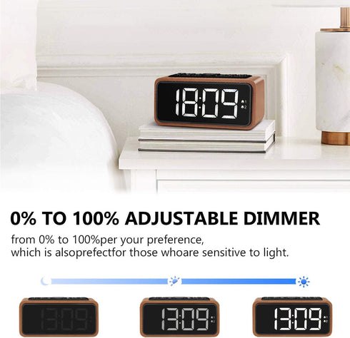 Radio Alarm Clock, Large LED Display Wood Digital FM Alarm Clock, Adjustable Brightness Dimmer and Snooze, Simple LED Clock with Dual Alarm, 12/24 Hour, Powered by AC Adapter (White LED)