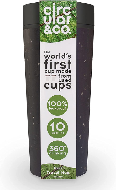 Circular & Co. Travel Mug (16oz) - The World's First Reusable Mug Made from Recycled Coffee Cups, 100% Leak-Proof, Sustainable & Insulated, Black on Cosmic Black