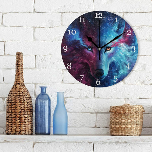 KUWT Galaxy Wolf Wall Clock Silent Non-Ticking, 9.5 Inch Round Wall Clock Battery Operated Wolf Clock Decor for Boys Room Home Wall Bathroom Kitchen Bedroom Living Room Office Classroom Patio