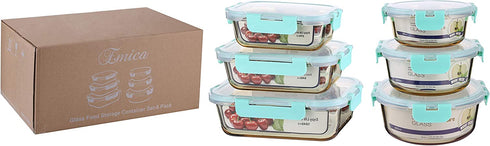Emica Glass Food Container Set-6 Pack, Glass Amber Color Meal Prep Containers, Food Prep Containers Glass with Lids, Glass Bento, Airtight Glass Bento Boxes, Glass Food Storage Set (6 Containers & 6 Lids)