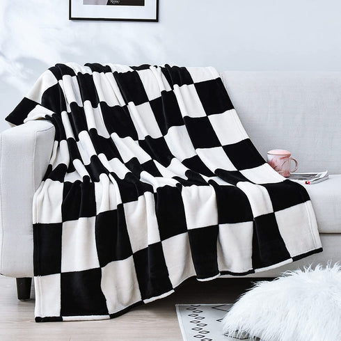 Vessia Large Flannel Fleece Plush Blanket Throw Size(50"x70") - Black and White Checker Lightweight Blanket - Super Soft Cozy Microfiber Blanket for Chair, Sofa, Couch, Bed, Camping, Travel