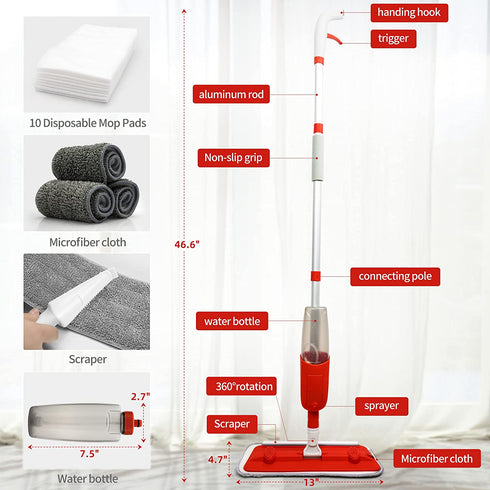 Small Spray Floor Mop - 360 Degree Spin Hardwood Floor Mop with 360ML Refillable Tank, 3 Washable Mop Pads, 10 Pcs Disposible Mop Pads, Dust Dry Wet Mop for Kitchen Laminate Hardwood Ceramic