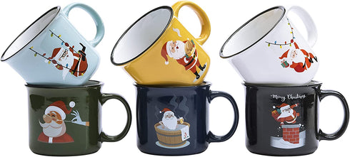 Set of 6 Coffee Mug Set Large-sized 14 Ounce Christmas Theme Ceramic Coffee Mugs - Holiday Funny Novelty Merry Christmas Mugs, Christmas Decoration Christmas Santa Gift