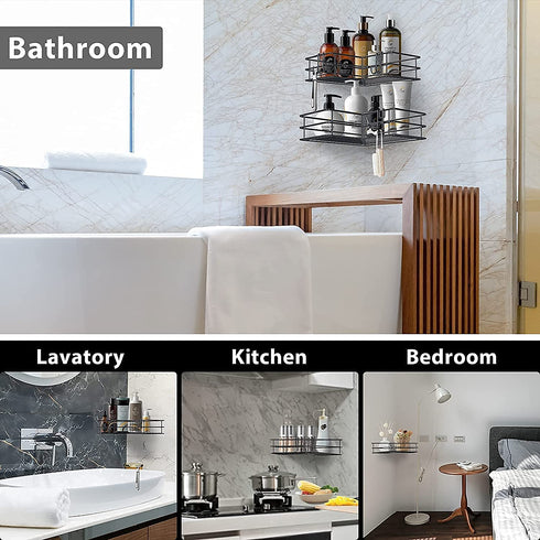 Shower Caddy Corner 2 Pack, Lanhado Shower Organizer Corner with Adhesive, SUS304 Rustproof Stainless Steel Shower Shelf for Inside Shower, Wall Mounted No Drilling Corner Shower Caddy with 4 Hooks
